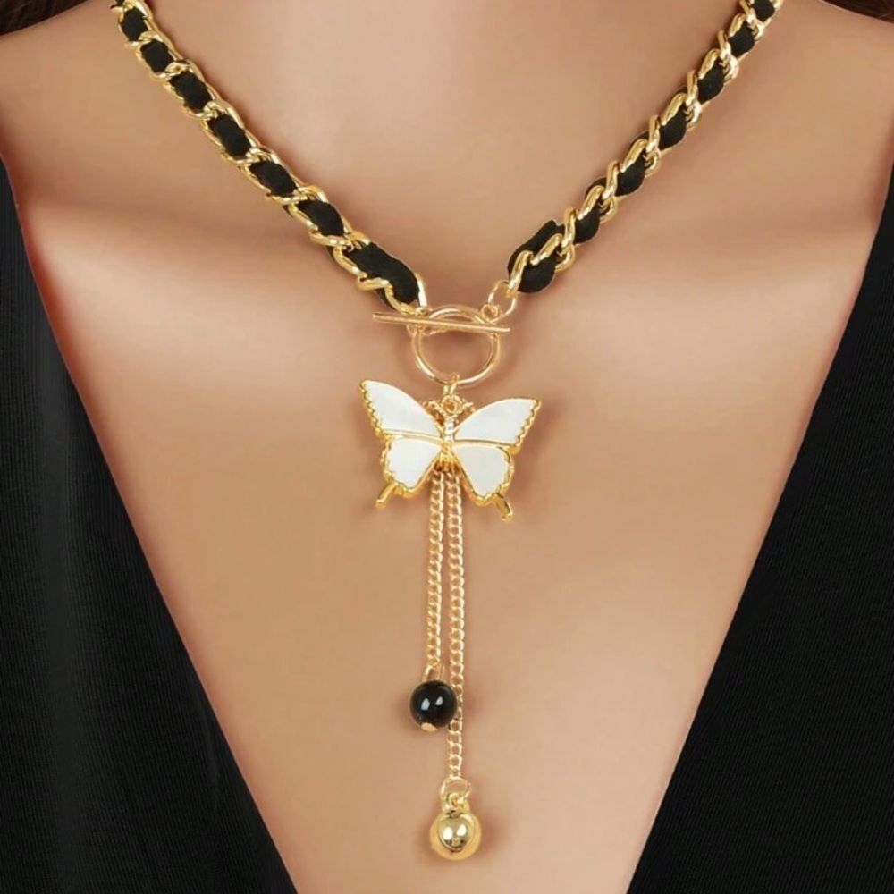 3for$20 1pc Black Rope Braided Chain Y Style White Butterfly Pendant Necklace